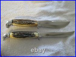 1977 Case 4 Pc. Blue Scroll Fixed Blade Set, Stag Handles, Sheaths, Mint Cond