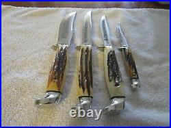 1977 Case 4 Pc. Blue Scroll Fixed Blade Set, Stag Handles, Sheaths, Mint Cond