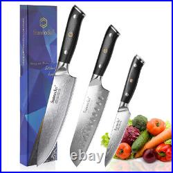 3PCS Kitchen Knife Damascus Steel Chef Slicer Meat Cleaver Sashimi Blade Cutlery
