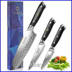3PCS Kitchen Knife Set Damascus Steel Santoku Blade Meat Chopper Chef Cleaver