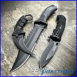 3 PC Black Tactical Hunting Combat FIXED BLADE SURVIVAL CAMPING KNIFE Set Brand