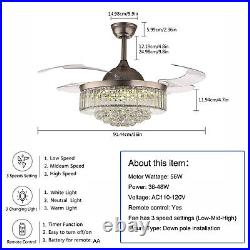 42/36 Ceiling Fan Light LED Crystal Retractable 3-Color Chandelier withRemote