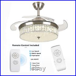 42 Crystal Invisible LED Ceiling Fan Light Retractable Chandelier Lamp +Remote