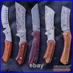 5pc Damascus Etched Hunting Knife Set 1pc Fixed Blade Knife + 4pc Pocket Knife