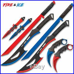 8pc FIRE ICE KNIFE SET Katana Sword Machete Karambit Fixed Blade Throwing