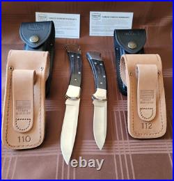 Buck 110 & 112 Matched Set Drop Point Blades Nickel Silver Bolsters With 4 Sheaths
