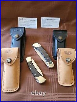 Buck 110 & 112 Matched Set Drop Point Blades Nickel Silver Bolsters With 4 Sheaths