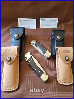 Buck 110 & 112 Matched Set Drop Point Blades Nickel Silver Bolsters With 4 Sheaths
