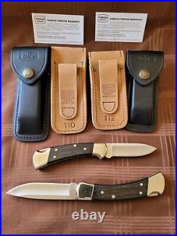 Buck 110 & 112 Matched Set Drop Point Blades Nickel Silver Bolsters With 4 Sheaths