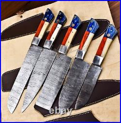 Chef Set Hand Forged Damascus Steel USA Flag Handle Rare Chef Set 5 pieces