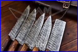 Chef Set Hand forged Damascus Steel Walnut Wood Handle Rare Chef Set 5 pieces