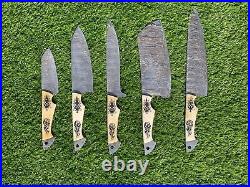 Custom Handmade 5 Pcs Damascus Steel CHEF Set Kitchen Knives Hand Forged Bone