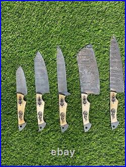 Custom Handmade 5 Pcs Damascus Steel CHEF Set Kitchen Knives Hand Forged Bone