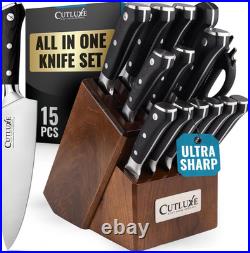 Cutluxe 15-Piece Knife Set High Carbon German Steel Blades, Full Tang Design &