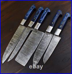 DAMASCUS KITCHEN SET Hard Wood Fixed Blade Chef Knife Steel Bolster 5 Pieces