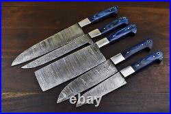 DAMASCUS KITCHEN SET Hard Wood Fixed Blade Chef Knife Steel Bolster 5 Pieces