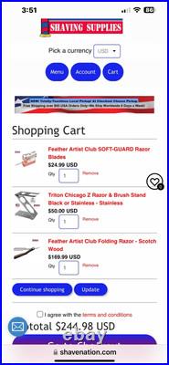 Feather Artist Club Razor, Stand, Blades And Simpson CL1 Shaving Brush Set