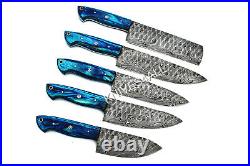 Handmade Fixed Blade Custom Blue Wood Damascus Steel Knives 5Pcs Set