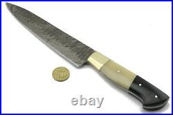 Handmade Kitchen Knife Set Damascus Blade Bone & Buffalo Horn Handle Roll Sheath