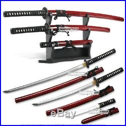 Handmade Last Samurai Japanese Katana Wakizashi Tanto Sword Set Sharp Blade Red