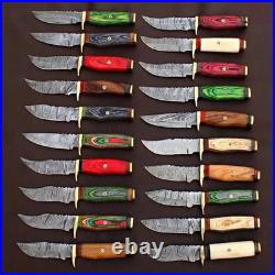 Lot of 100 6 Handmade Damascus Blade USA Mix Wood Hunting Knife Set EDC Sheath