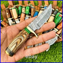 Lot of 100 6 Handmade Damascus Blade USA Mix Wood Hunting Knife Set EDC Sheath