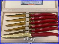 NEW RARE LAGUIOLE JEAN DUBOST SET 6 steak Knives RED HANDLE w Gold BLADE IN BOX