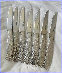 New Set Of 7 Cuisinart Hammered Stainless Handle Steak Knives Serrated Blade