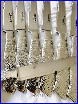 New Set Of 7 Cuisinart Hammered Stainless Handle Steak Knives Serrated Blade
