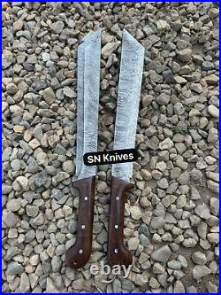 Set Of 2-custom Handmade Damascus Steel Hunting Machete Short Sword With Sheath