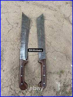 Set Of 2-custom Handmade Damascus Steel Hunting Machete Short Sword With Sheath