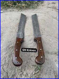 Set Of 2-custom Handmade Damascus Steel Hunting Machete Short Sword With Sheath