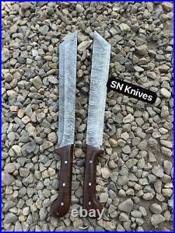 Set Of 2-custom Handmade Damascus Steel Hunting Machete Short Sword With Sheath