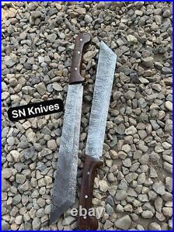 Set Of 2-custom Handmade Damascus Steel Hunting Machete Short Sword With Sheath