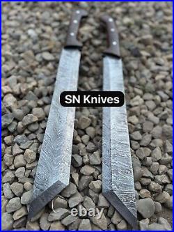 Set Of 2-custom Handmade Damascus Steel Hunting Machete Short Sword With Sheath