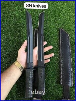 Set of 2Pcs Custom Handmade Carbon Steel Hunting Tanto Knife Camping WithSheath