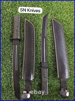 Set of 2Pcs Custom Handmade Carbon Steel Hunting Tanto Knife Camping WithSheath