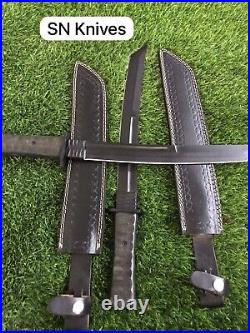 Set of 2Pcs Custom Handmade Carbon Steel Hunting Tanto Knife Camping WithSheath