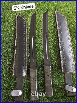 Set of 2Pcs Custom Handmade Carbon Steel Hunting Tanto Knife Camping WithSheath