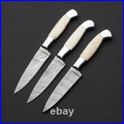 Set of 3 Kitchen Chef's Knives Lot of 3 Chef knife, Damascus Steel & Bone Handle