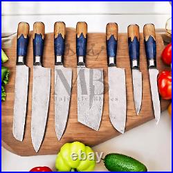Stunning 7pcs Damascus Steel Knife Set With Blue Resin Burl Wood Handle