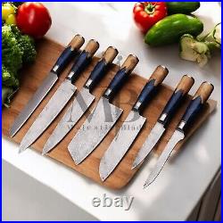 Stunning 7pcs Damascus Steel Knife Set With Blue Resin Burl Wood Handle