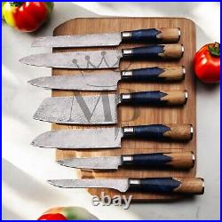 Stunning 7pcs Damascus Steel Knife Set With Blue Resin Burl Wood Handle