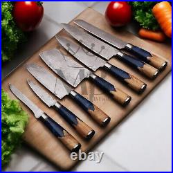 Stunning 7pcs Damascus Steel Knife Set With Blue Resin Burl Wood Handle