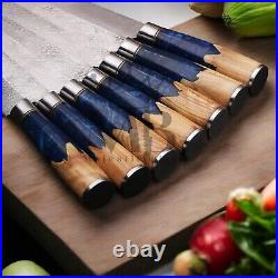 Stunning 7pcs Damascus Steel Knife Set With Blue Resin Burl Wood Handle