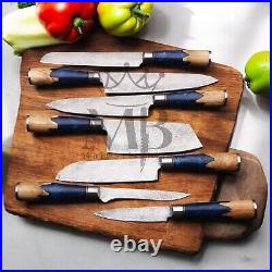 Stunning 7pcs Damascus Steel Knife Set With Blue Resin Burl Wood Handle