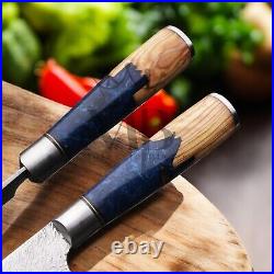Stunning 7pcs Damascus Steel Knife Set With Blue Resin Burl Wood Handle