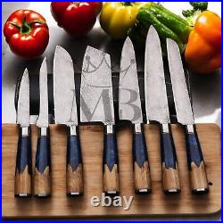 Stunning 7pcs Damascus Steel Knife Set With Blue Resin Burl Wood Handle